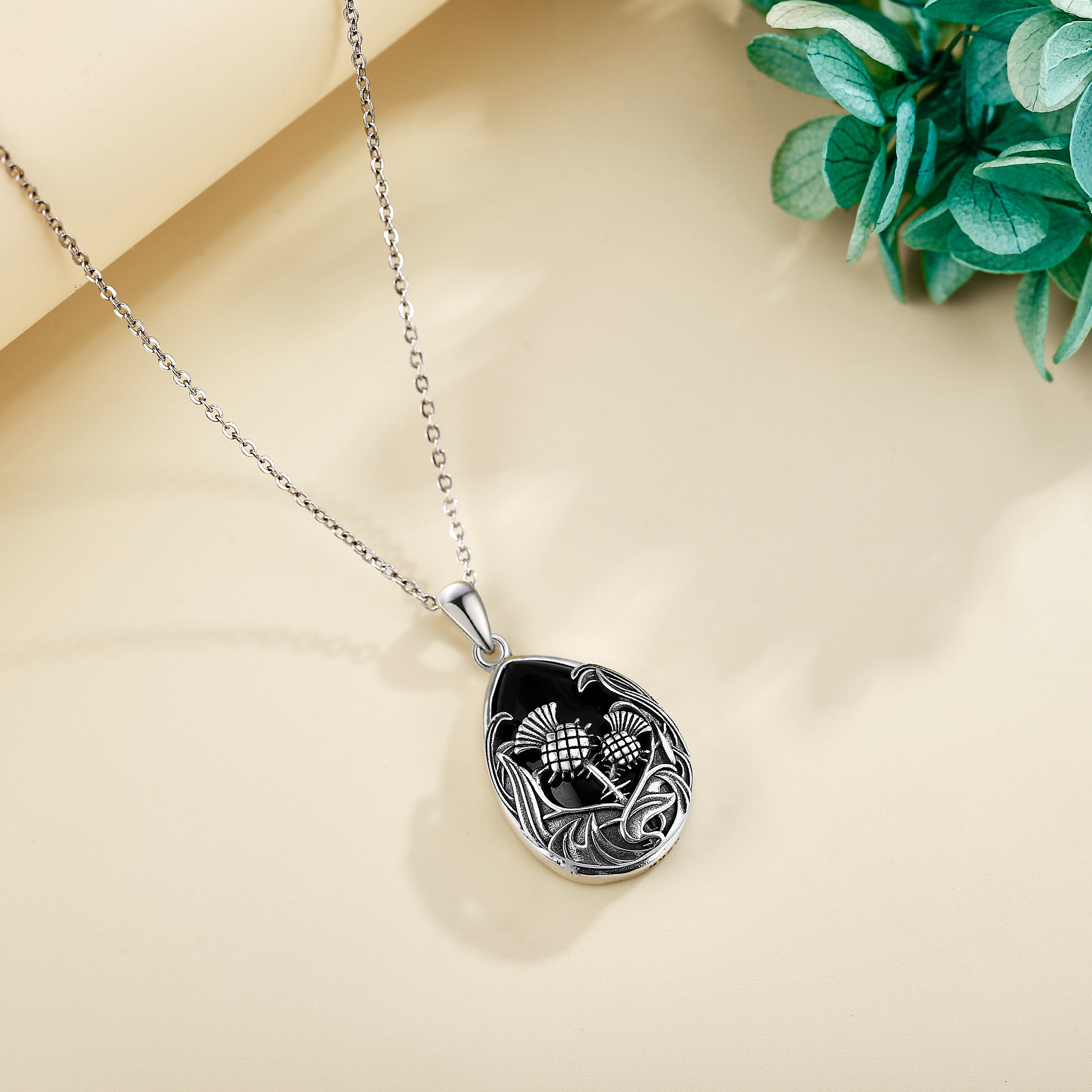 Women's 925 Sterling Silver Scottish Thistle Necklace with Black Agate